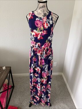 Loveappella Navy Maxi Dress with Pink Floral Pattern